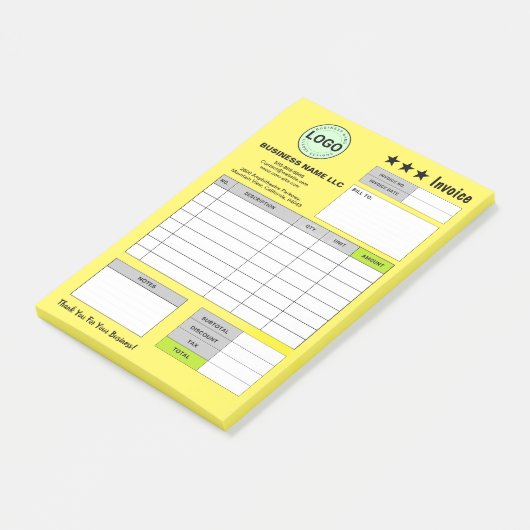 Business Logo Invoice Receipts | Custom Yellow Pad ポストイット (アングル)