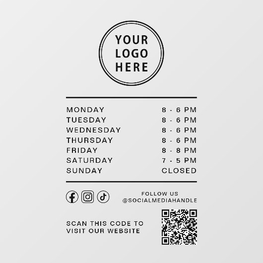 Business Logo Open Hours Social Media QR Code ウィンドウサイン (シート)