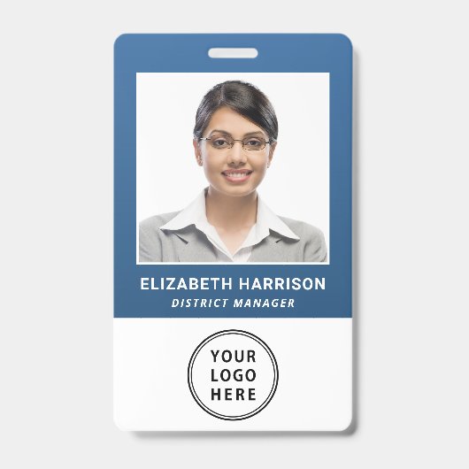 Business Logo QR Code Barcode Blue Photo ID バッジ (正面)