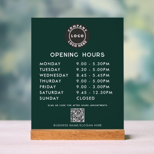 Business Logo QR Code Opening Hours Green アクリルサイン (ニュートラル)