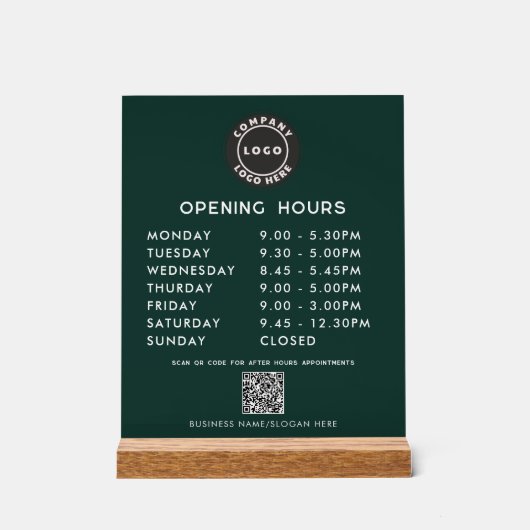 Business Logo QR Code Opening Hours Green アクリルサイン (正面)