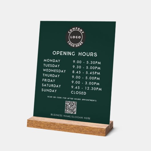 Business Logo QR Code Opening Hours Green アクリルサイン (傾斜)