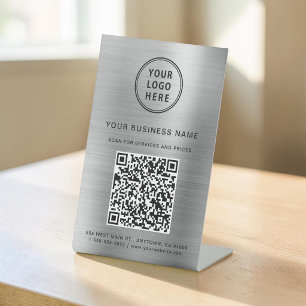 Business Logo Scan Me QR Code Silver 台座サイン