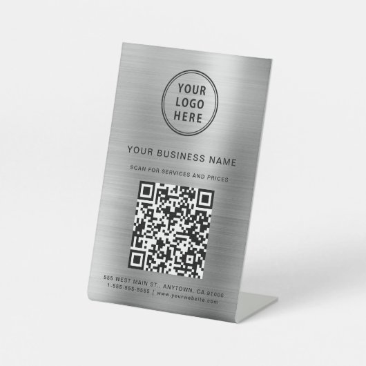 Business Logo Scan Me QR Code Silver 台座サイン (正面)