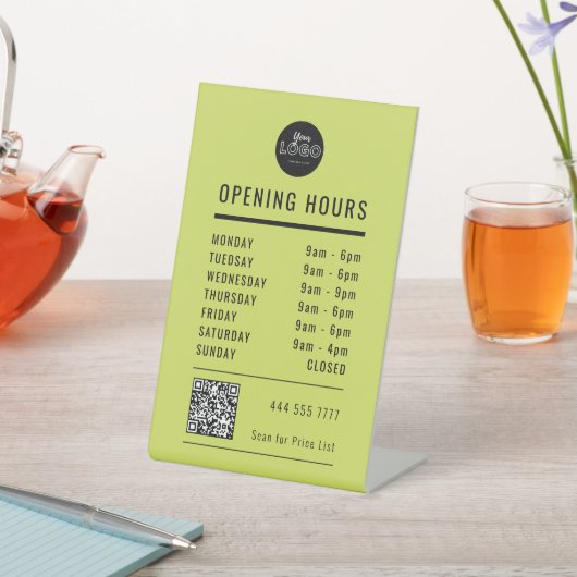 Business Open Hours Black Olive Green Logo QR Code 台座サイン (インサイチュ)