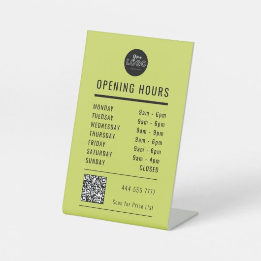 Business Open Hours Black Olive Green Logo QR Code 台座サイン (正面)
