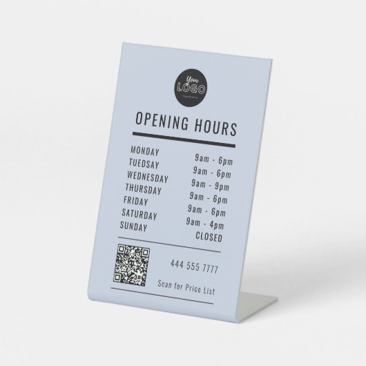 Business Open Hours Black Pastel Blue Logo QR Code 台座サイン (正面)