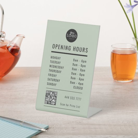 Business Open Hours Black Sage Green Logo QR Code 台座サイン (インサイチュ)