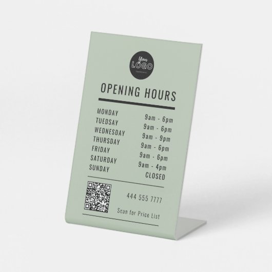 Business Open Hours Black Sage Green Logo QR Code 台座サイン (正面)