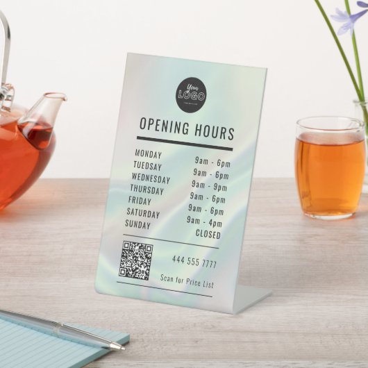 Business Open Hours Green Holographic Logo QR Code 台座サイン (インサイチュ)