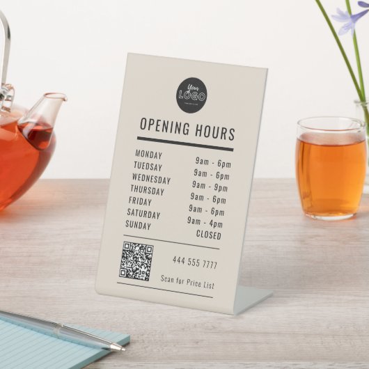 Business Opening Hours Black on Beige Logo QR Code 台座サイン (インサイチュ)