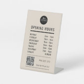 Business Opening Hours Black on Beige Logo QR Code 台座サイン (正面)