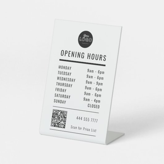 Business Opening Hours Black & White Logo QR Code 台座サイン (正面)