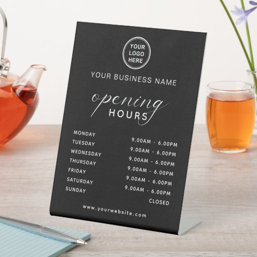 Business Opening Hours Display Sleek Black 台座サイン (インサイチュ)