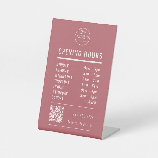 Business Opening Hours Logo QR Code on Dusty Red 台座サイン (正面)
