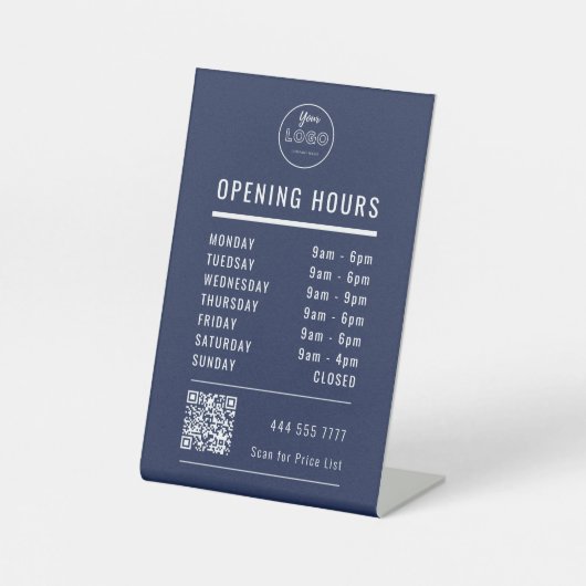 Business Opening Hours Logo QR Code on Navy Blue 台座サイン (正面)