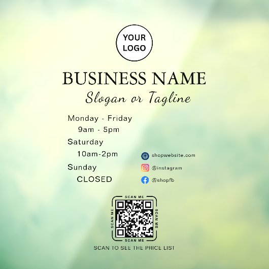 Business Opening Hours Modern Script & Qr, Social  ウィンドウサイン (シート3)