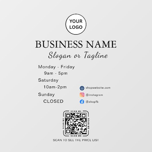 Business Opening Hours Modern Script & Qr, Social  ウィンドウサイン (シート)