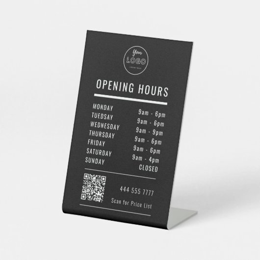 Business Opening Hours on Black with Logo QR Code 台座サイン (正面)