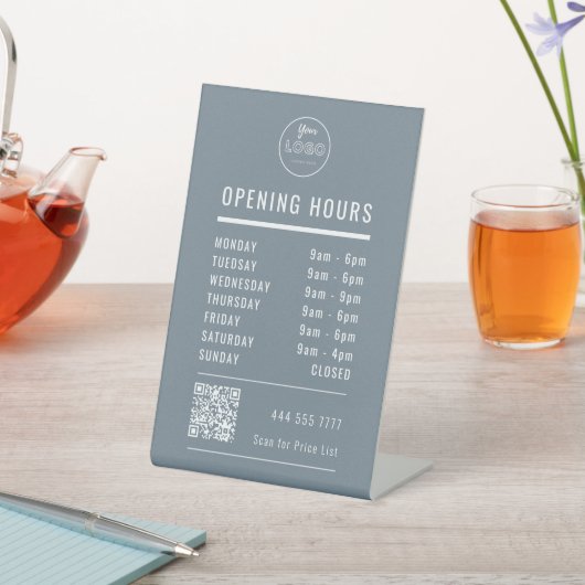 Business Opening Hours on Blue with Logo QR Code 台座サイン (インサイチュ)