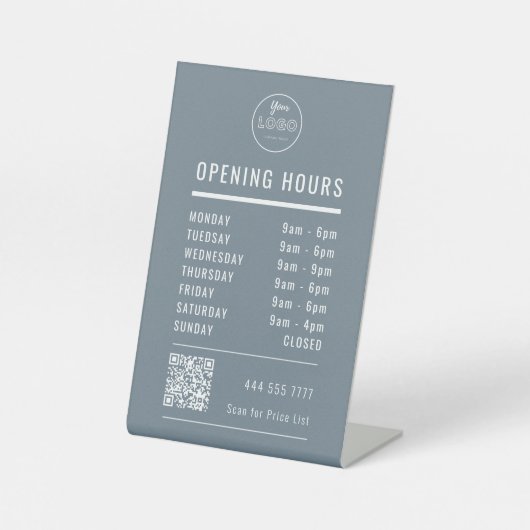 Business Opening Hours on Blue with Logo QR Code 台座サイン (正面)