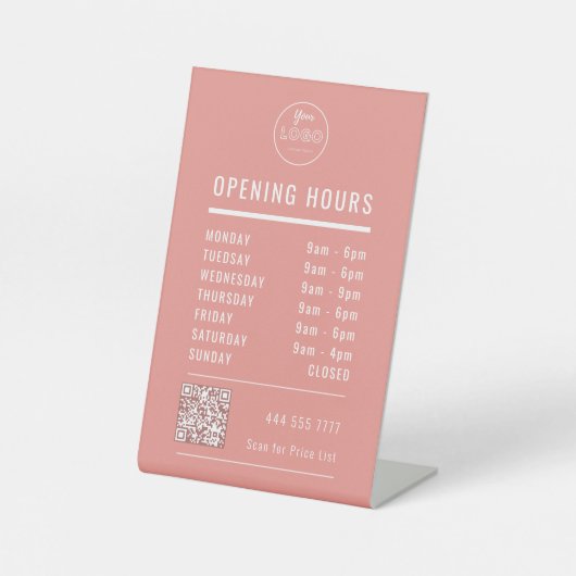 Business Opening Hours on Coral Pink Logo QR Code 台座サイン (正面)