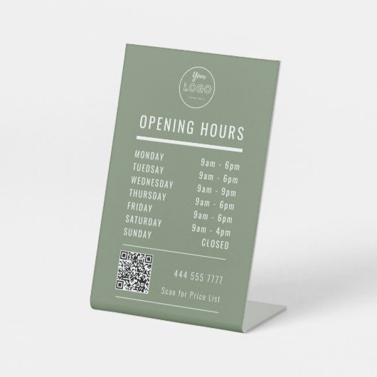 Business Opening Hours on Muted Green Logo QR Code 台座サイン (正面)