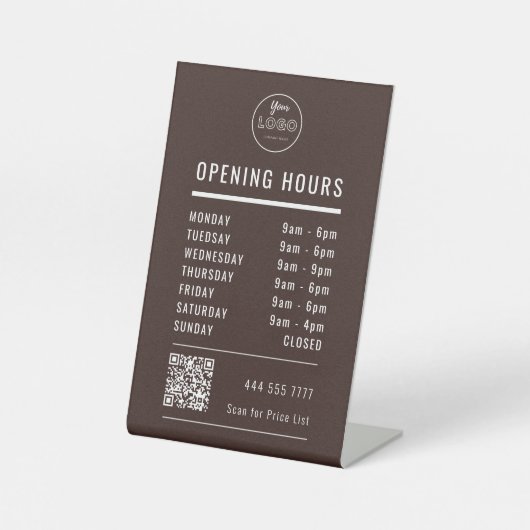 Business Opening Hours with Logo QR Code on Brown 台座サイン (正面)