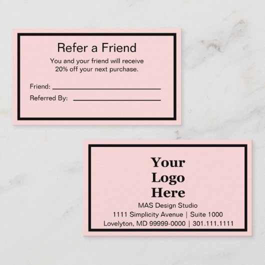 Business Pink淡い色のとBlack Your Logo 紹介カード (正面/裏面)