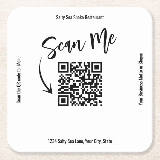 Business QR Code Scan Me Menu Custom スクエアペーパーコースター (正面)