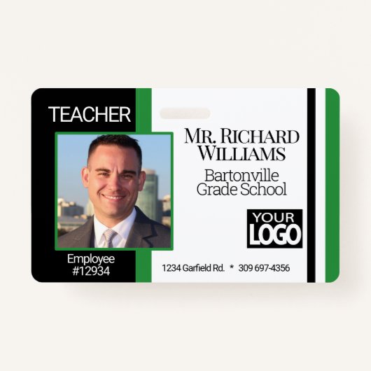 Business / School Photo ID- Black, White and Green バッジ (正面)