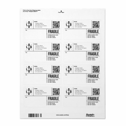 Business Shipping Logo QR Code Fragile Warning ラベル (フルシート)