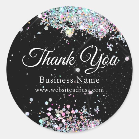 Business Thank Youホログラフィックグリッターブラック ラウンドシール (正面)
