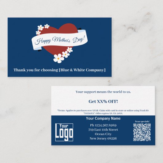Business Thank You赤いハートHappy Mother's Day 割引カード (正面/裏面)