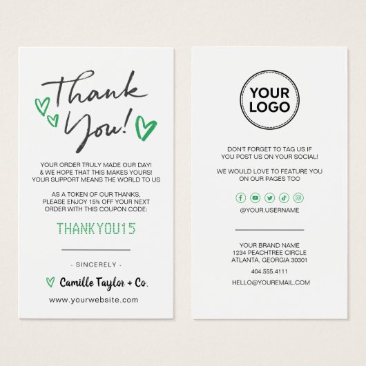 Business Thank You & Discount Code Card |モダン | (正面&裏面)