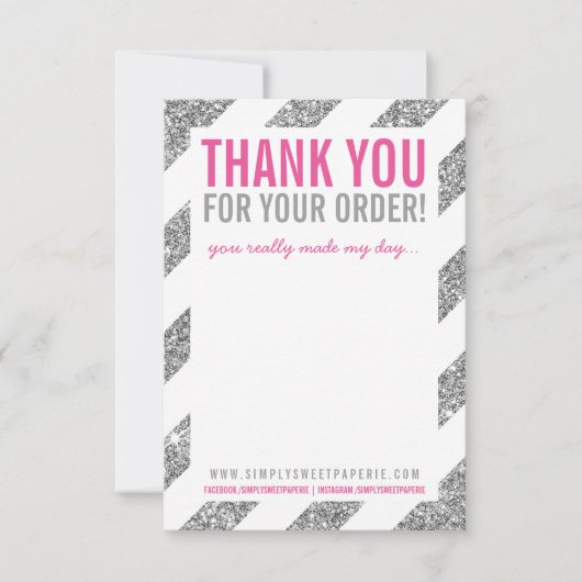 BUSINESS THANK YOU NOTEストライプグリッターピンク サンキューカード (正面)