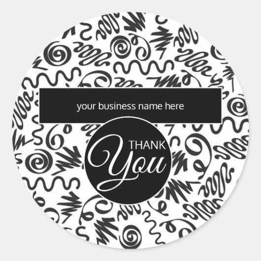 Business Thanks You Doodle Curls Black and White ラウンドシール (正面)