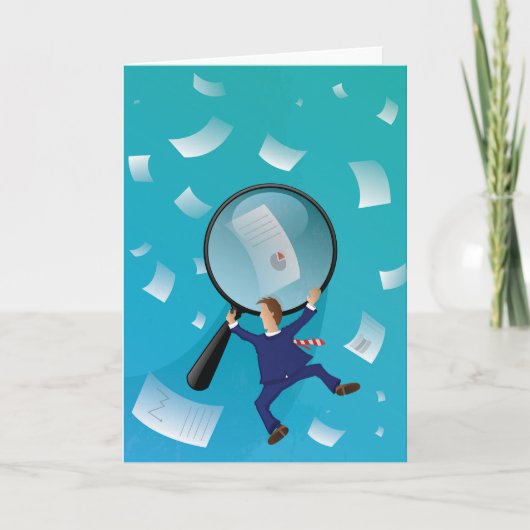 Businessman Giant Magnifying Glass Flying Papers カード (正面)
