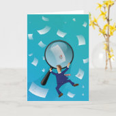 Businessman Giant Magnifying Glass Flying Papers カード (黄色い花)