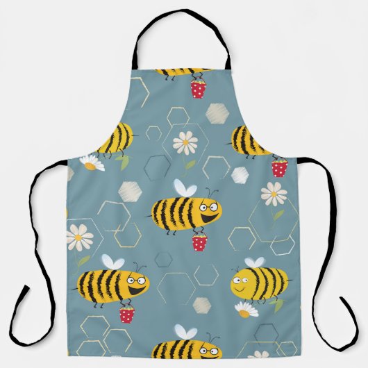 Busy bees buzzing around & pollinating flowers エプロン (正面)