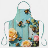 Busy Bees with Pink and Yellow Roses on Old Fence エプロン (正面)