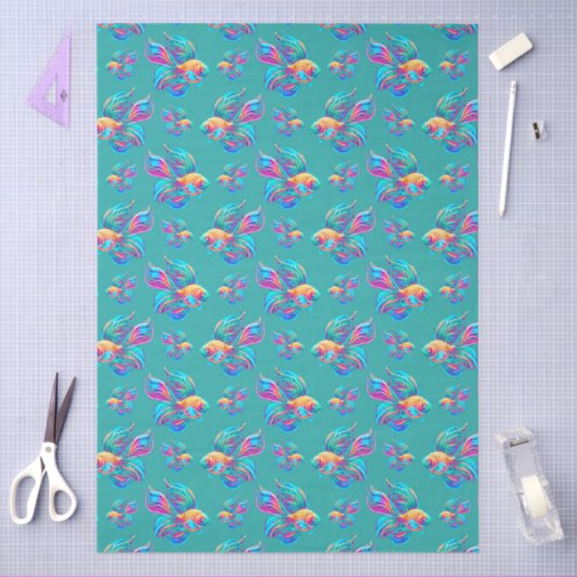 Busy Fishes Cyan 薄葉紙 (クラフト)