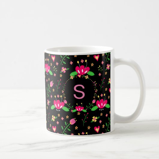 Busy Floral Pattern on Black Monogram コーヒーマグカップ (右)