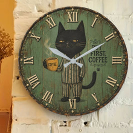 But First Coffee Black Cat ラージ壁時計