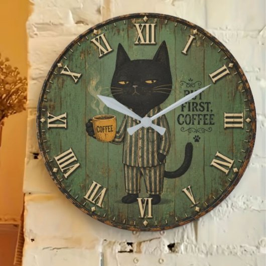 But First Coffee Black Cat ラージ壁時計
