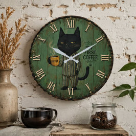 But First Coffee Black Cat ラージ壁時計