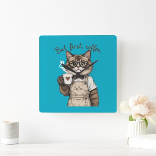 But First, Coffee Cat スクエア壁時計 (ホーム)