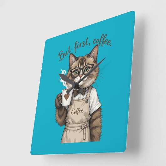 But First, Coffee Cat スクエア壁時計 (傾斜)