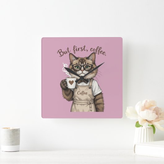 But First, Coffee Cat スクエア壁時計 (ホーム)