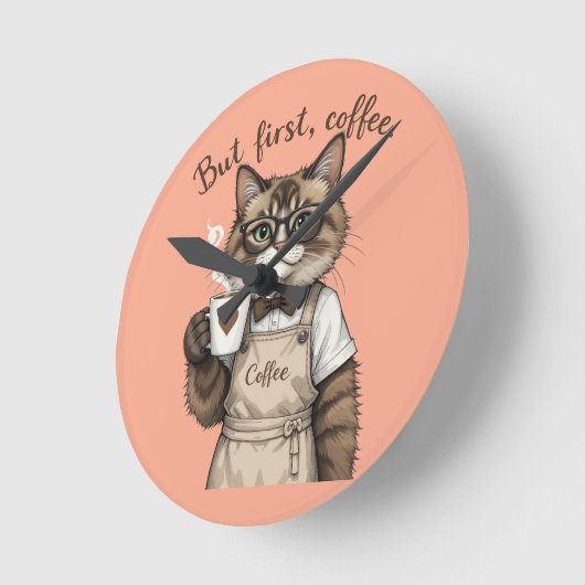 But First, Coffee Cat ラウンド壁時計 (傾斜)